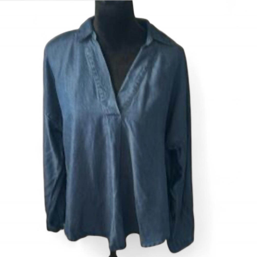 Madison Grey Casual Blue V-Neck Collard Shirt